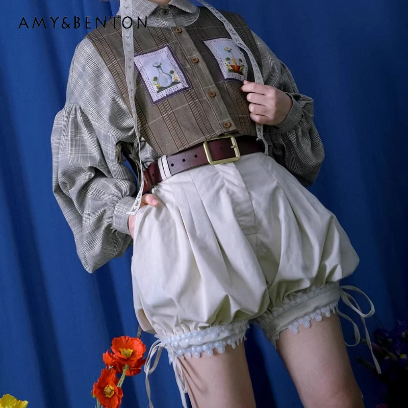 

Japanese Original Design Apricot Women's Clothing 2026 Summer New Sweet Cute Y2k Lace Splicing Age-reducing Bubble Shorts Ladies