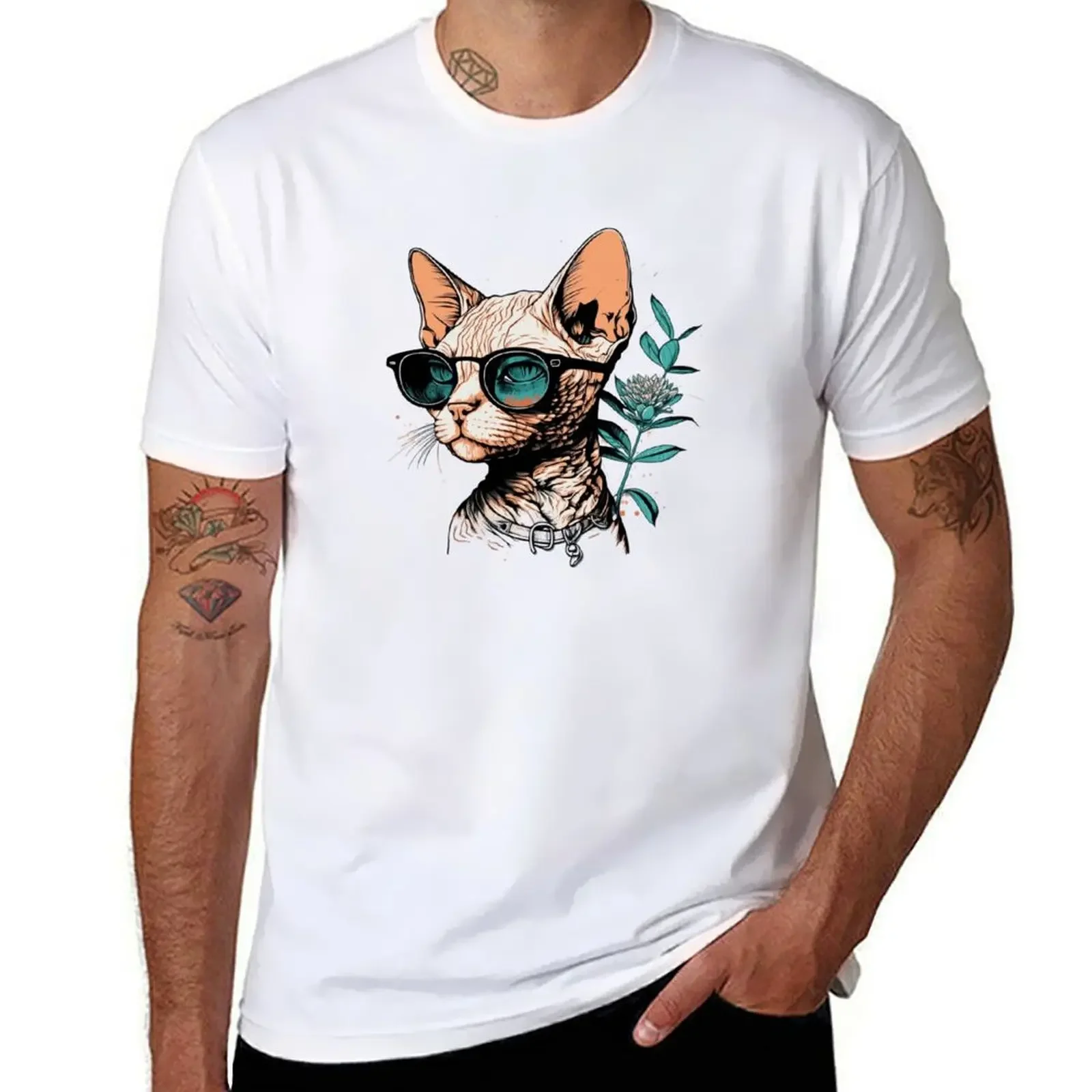 Vintage Watercolor for Devon Rex Cat Lovers T-shirt Floral Wreath Devon Rex Cat Design: A Harajuku Graphic Men Clothing Summer