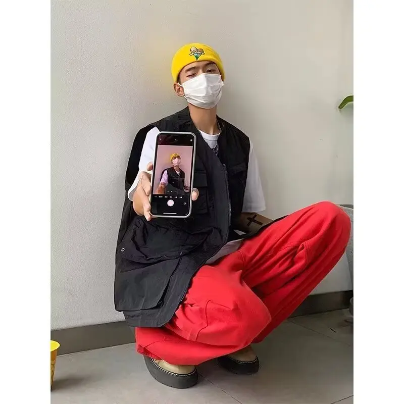 Chaleco funcional retro japonés de primavera con múltiples bolsillos para hombres y mujeres, chaqueta de trabajo informal multifunción con cuello en V para exteriores