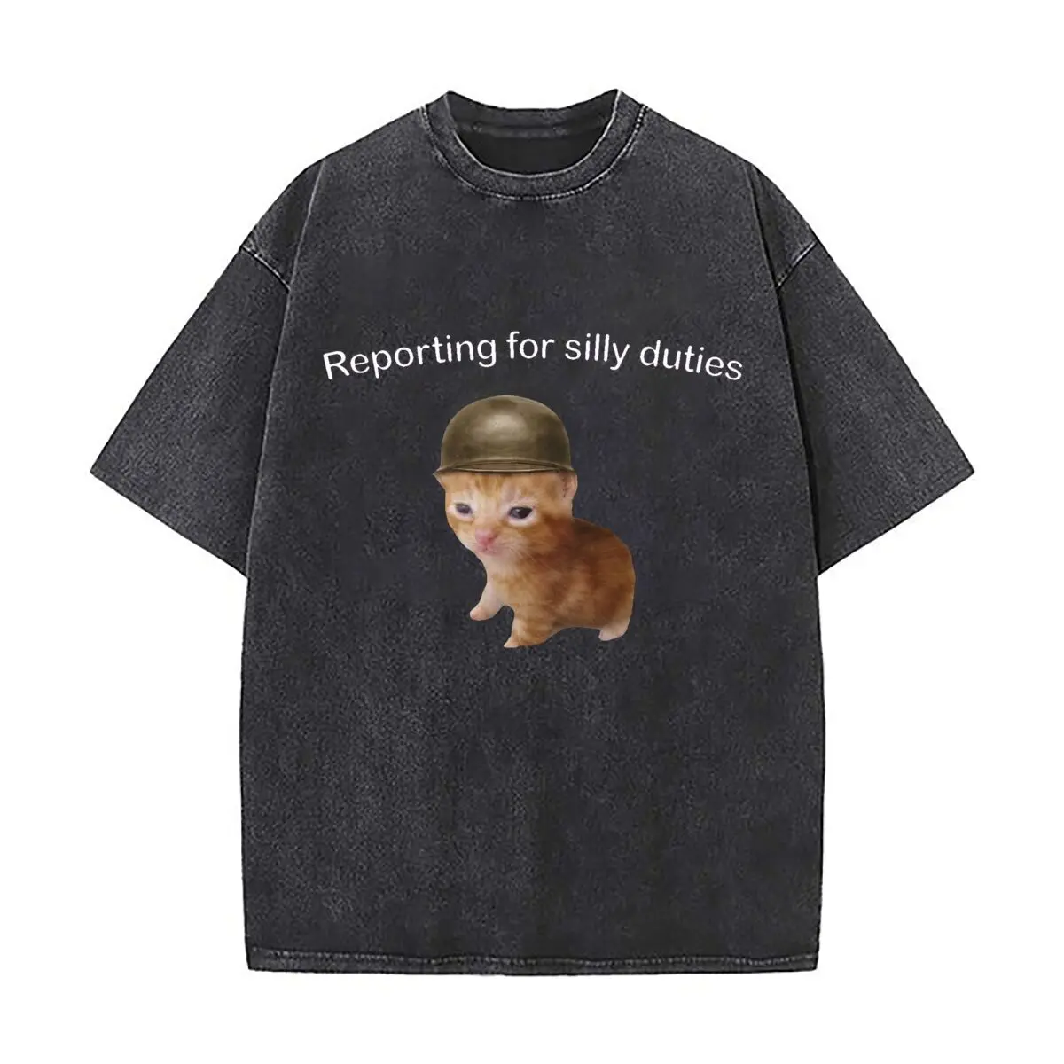 Camiseta Divertida con Estampado de Gatito Naranja con Casco Militar, Estilo Vintage Desgastado, Holgada, para el Campus