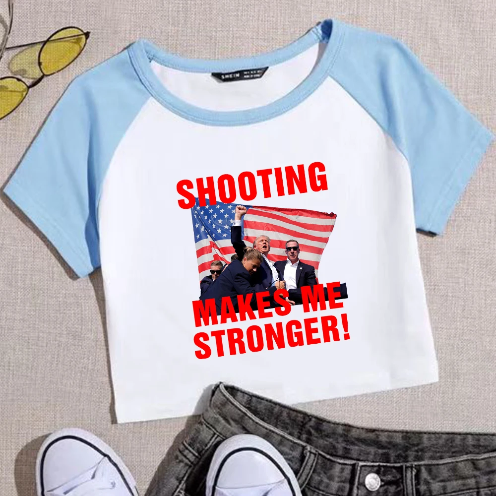 Trump Shooting Makes Me Stronger! Trump Shot  Crop Shirt Streetswear O-Neck Navel exposed shirt