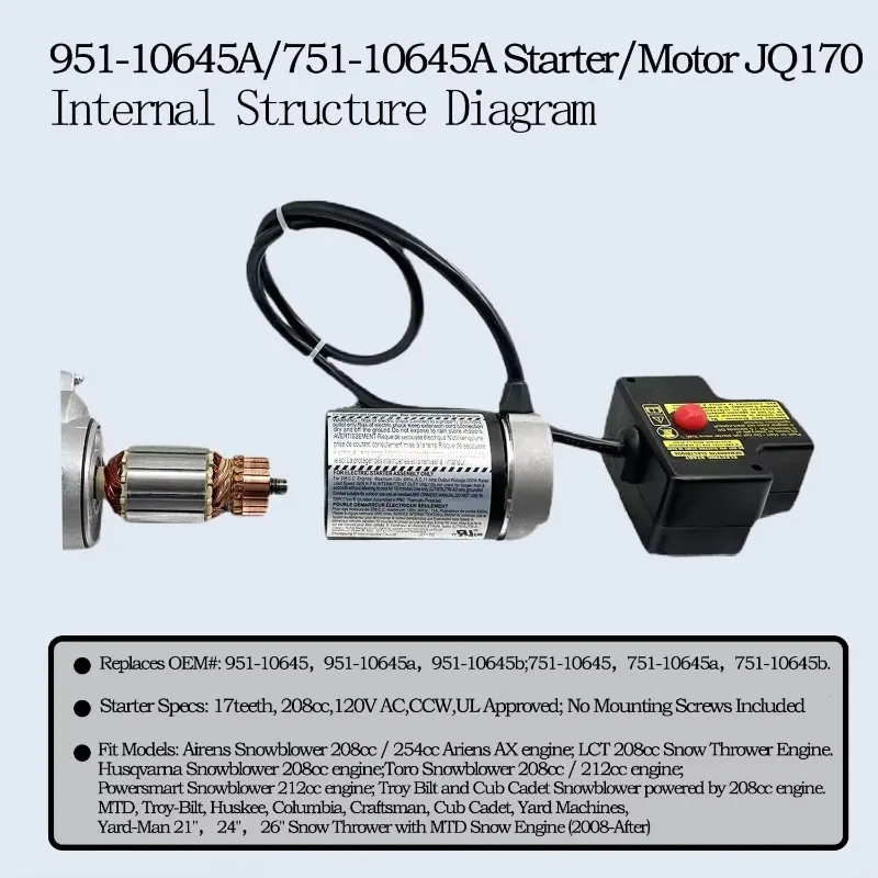 951-10645 751-10645 Electric Starter Motor JQ170 for Husqvarna Ariens Troy-Bilt MTD Cub-Cadet Craftsman LCT 951-10645A 751-10645