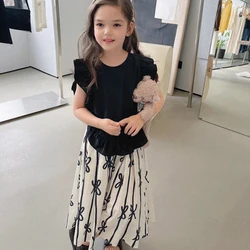 Summer Girls Fashion Sweet Outfit Sleeveless Ruffled Top + Bow Printed Pants 2 Pcs Set 3-7 Years Kids Daily Casual Clothes