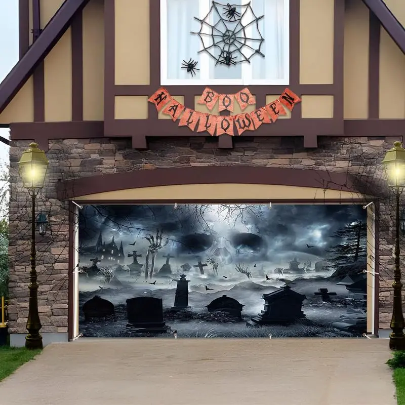 Halloween Garage Door Banner, Horror Cemetery Haunted House Tapestry Background Fabric Courtyard Outdoor Halloween Party Decor