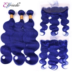 Elfriede #Blue Body Wave Colored Hair Bundles with Frontal 100% Remy Human Hair Sew-in Wefts 3 Bundles with Lace Frontal 13x4