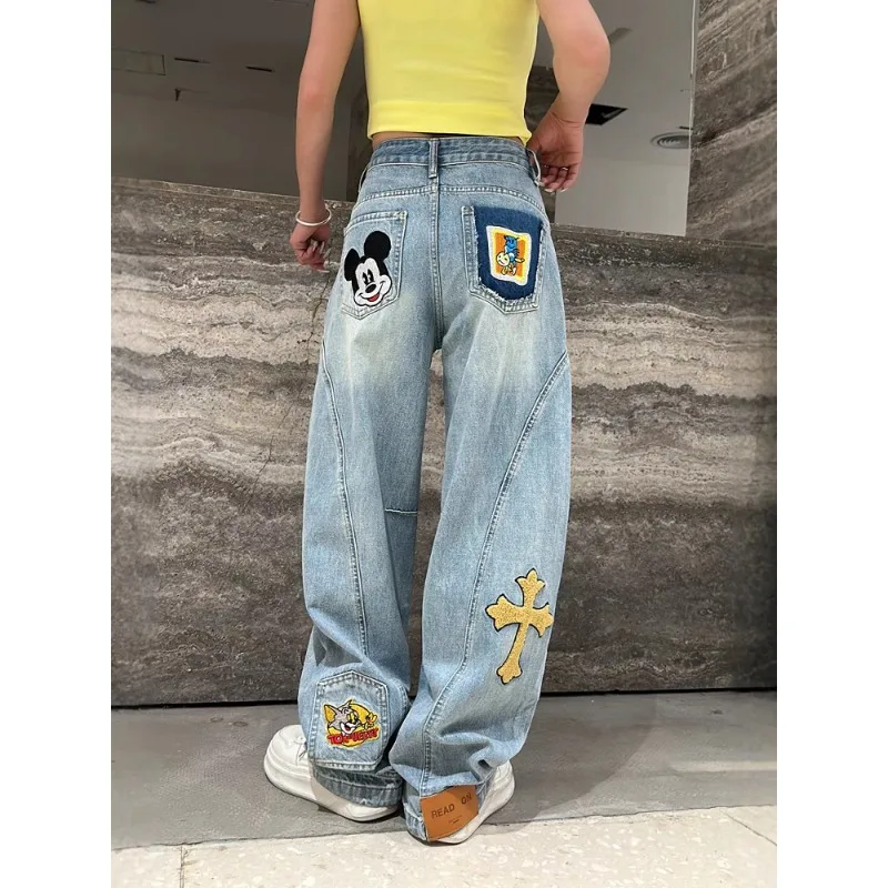 

Women's American Style Bestseller Mickey Cartoon Embroidery Loose Slim Fit Wide-Leg Machete Jeans with Unique Design