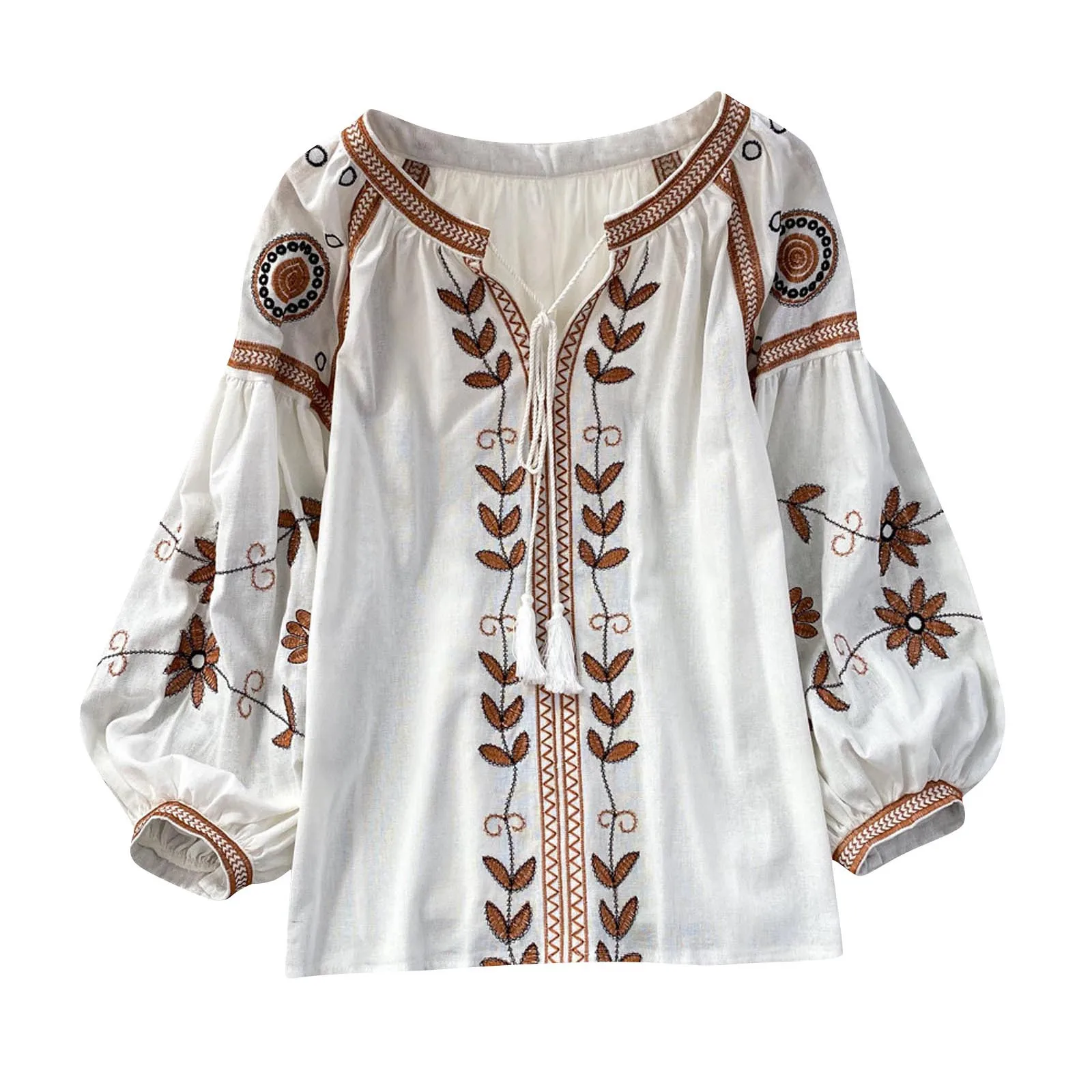 Women Vintage Shirts Tops Causal Lace-Up Round Neck Loose Patchwork Cotton Linen Pullover Tops Ethnic Style Lantern Sleeve Tops