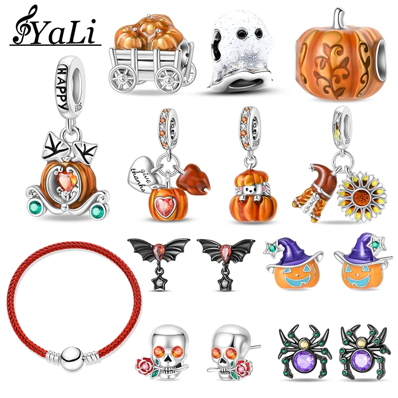 Interesting 925 Silver Plated Pumpkin Witch Halloween Collection Pendant Charm for Original 925 Silver Bracelet DIY Jewelry Gift