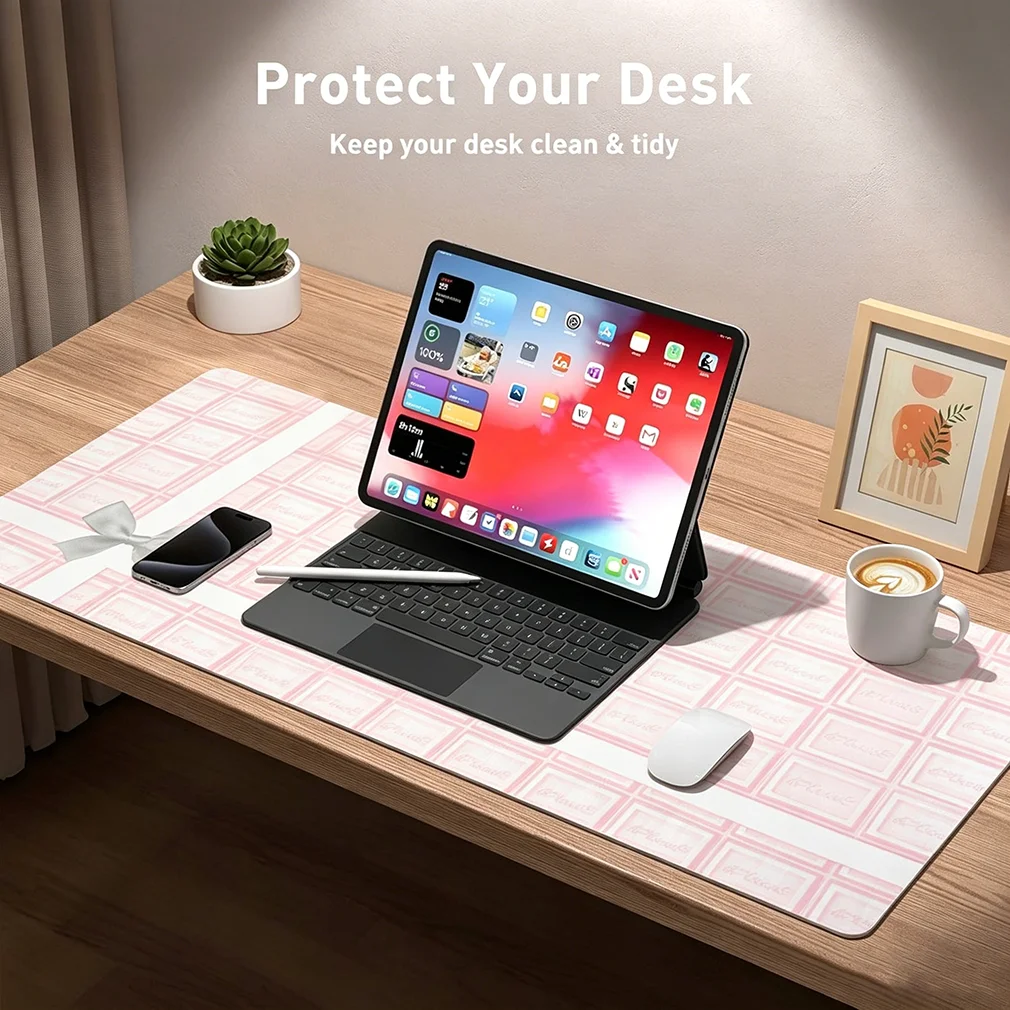 Pink Grid Bow Korean ins Sweet Girl Leather Desk Pad Protector Y2K Mouse Pad Office Desk Mat PU Desk Blotter keyboard Pads