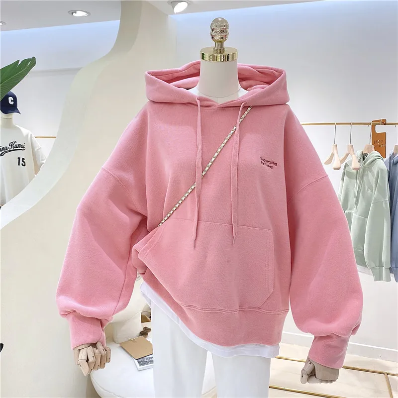 Women\'s Fresh Mint Green Plush Pullover 2023 Autumn/Winter New Ladies Spliced Letter Embroidery Thickened Loose Hooded Sweater