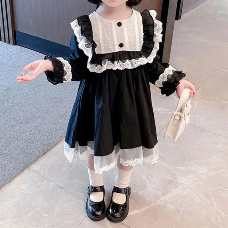 

Splicing Ruffles Crew Neck Korean Children's Clothing 2023 Spring Color Block Long Sleeve Palace Wind Girls Net Yarn Party Dress