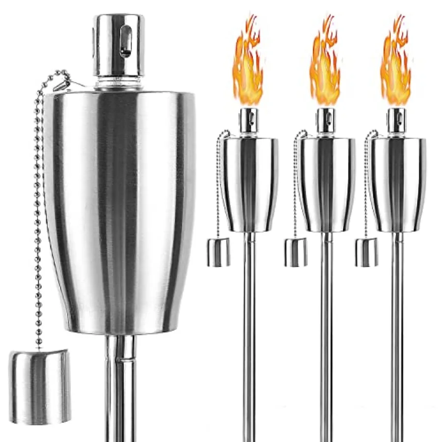 55 Inch Outdoor Oil Torch Lamp 4 Pieces Rustproof Stainless Steel Citronella Torches, 11.16 oz, Includes Funnel and Fiberglass