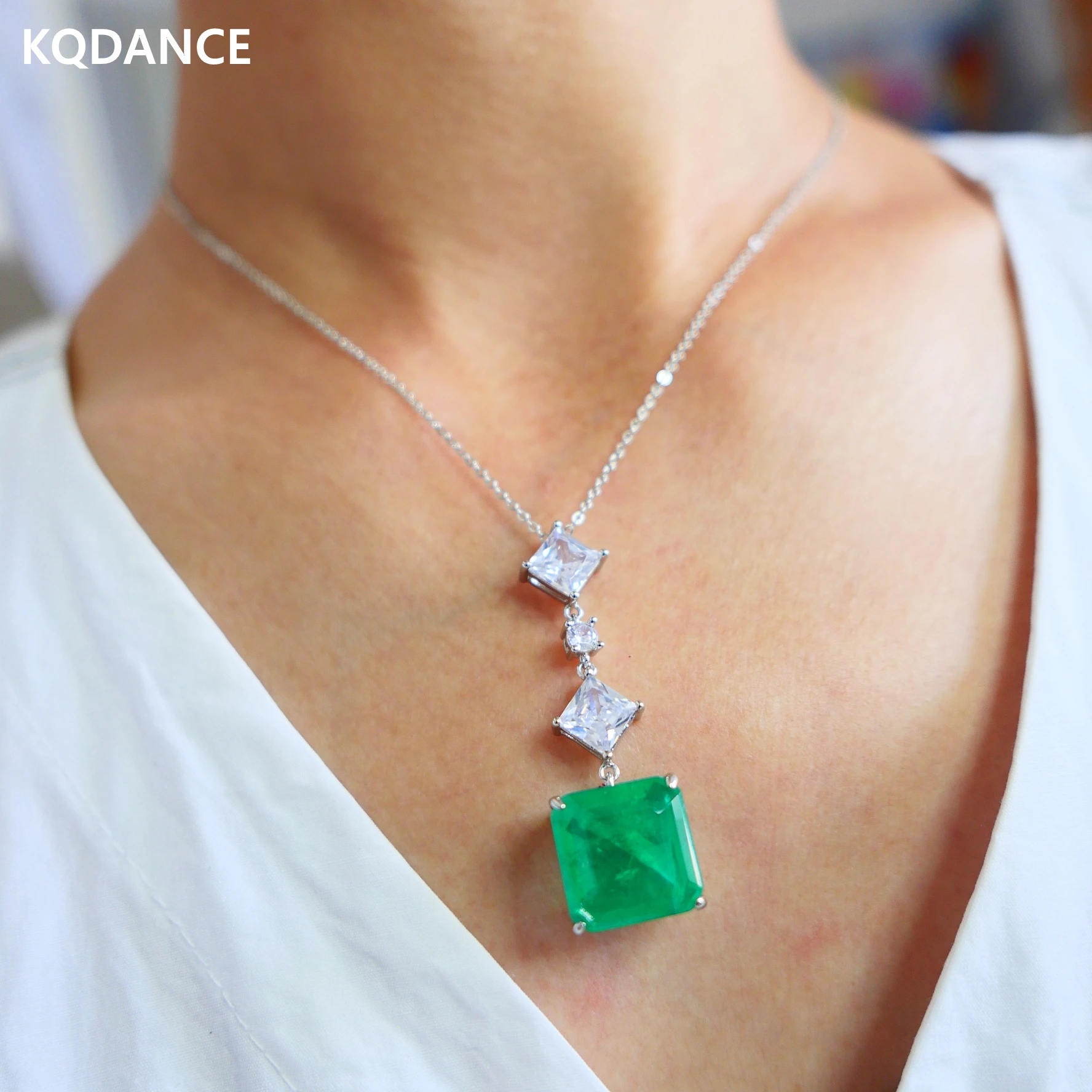 

KQDANCE Simple Created 15mm Square Emerald Pink Yellow Blue CZ Diamond Pendants Necklace with Green Stone Jewelry For Women