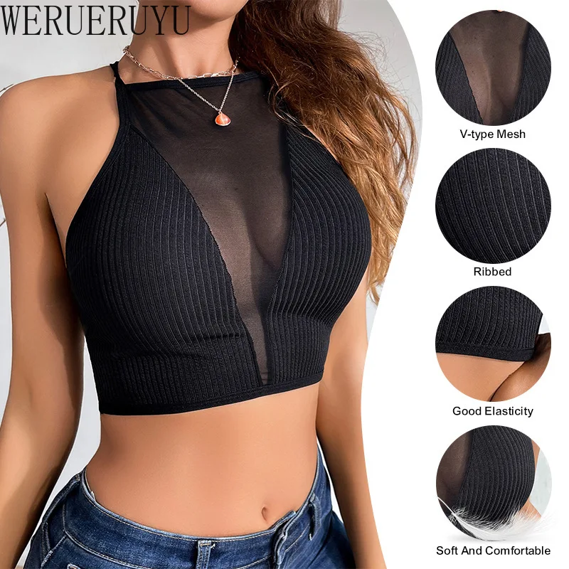 Hollow Out Mesh Sexy Corset Top Women Y2k Clothes Sleeveless Black Off The Shoulder Crop Vest Summer Halter Tank Top Woman 2024