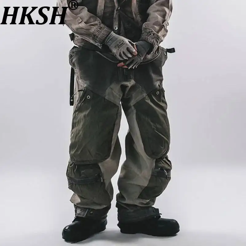 

HKSH весна лето новые мужские потертые винтажные трехмерные лоскутные карманы на шнурке Techwear панк темные брюки-карго HK8007