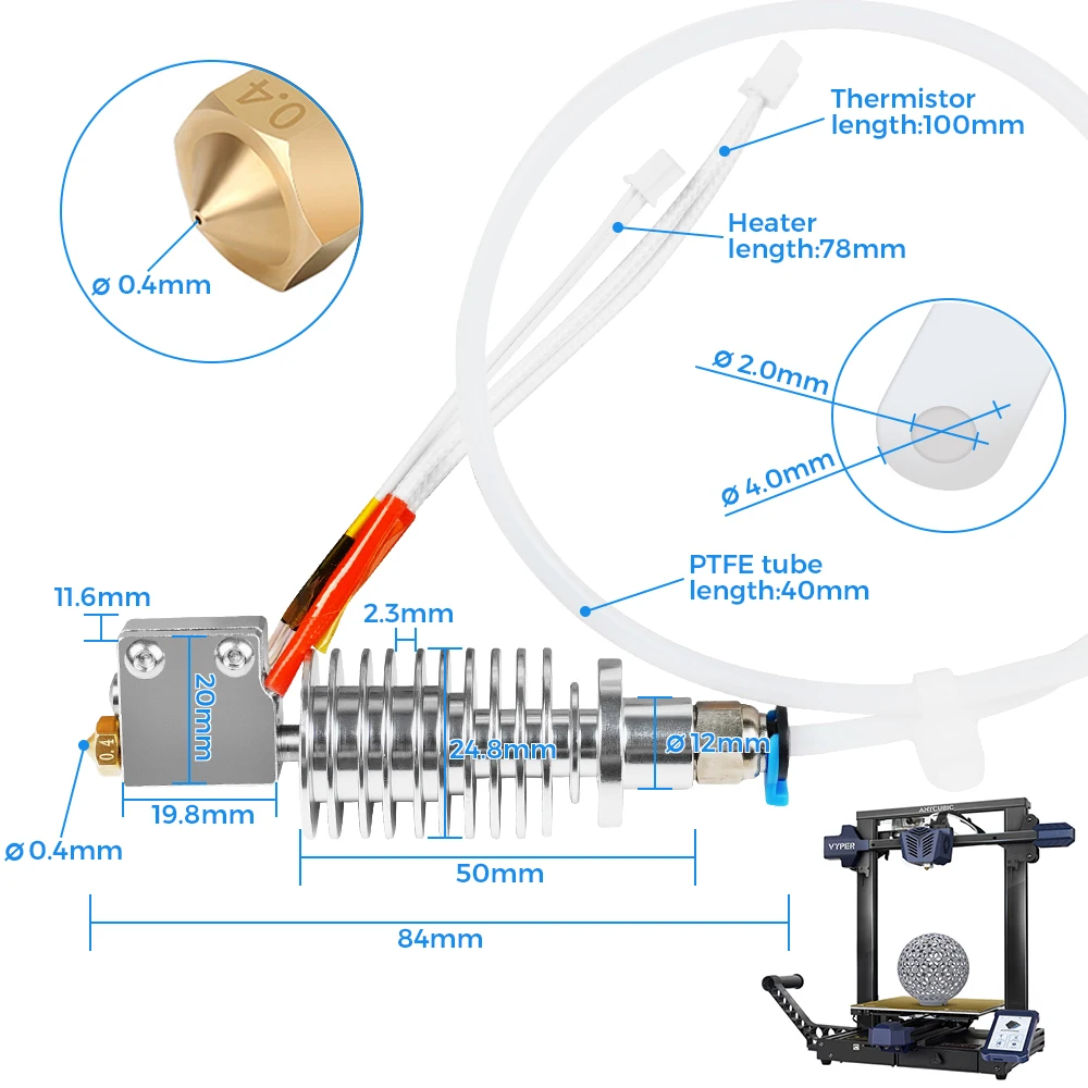 3D ANBIC VyperE3D v5用ホットエンド,チューブ付き,24V,40W,0.4mmフィラメント用押出機ヘッド