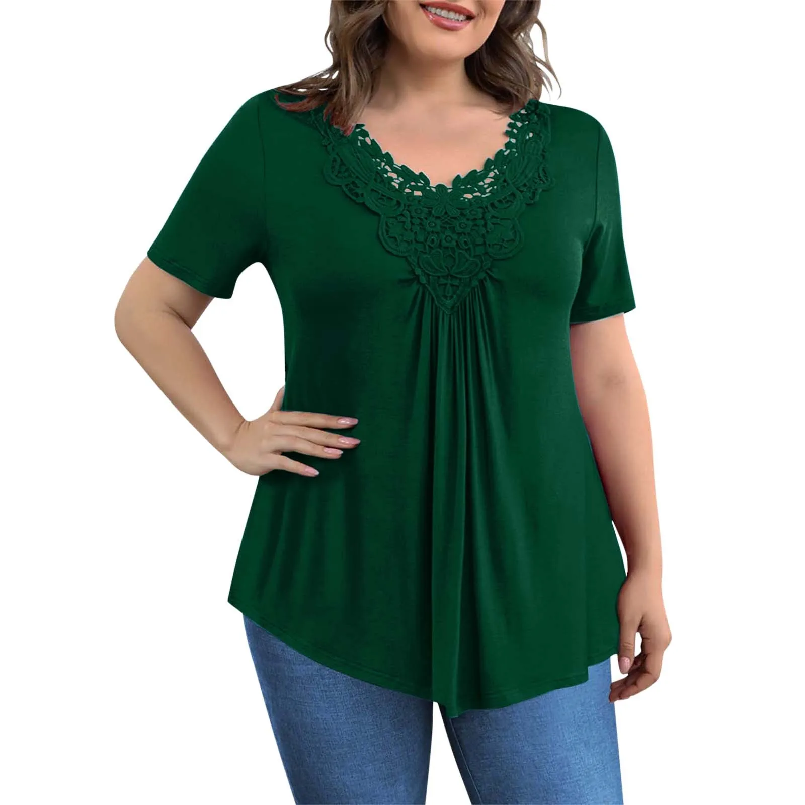 Plus Size Women\'s Lace Tops Blouses 2022 Summer Short Sleeve V-neck Black Green Shirt Elegant Blouse Clothes