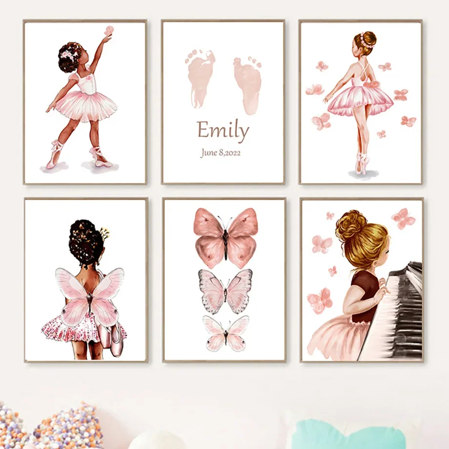 1PC--Ballet Girl Butterfly Flower Piano Custom Name Nursery Wall Art Canvas Painting Posters And Prints Pictures Girl Bedroom