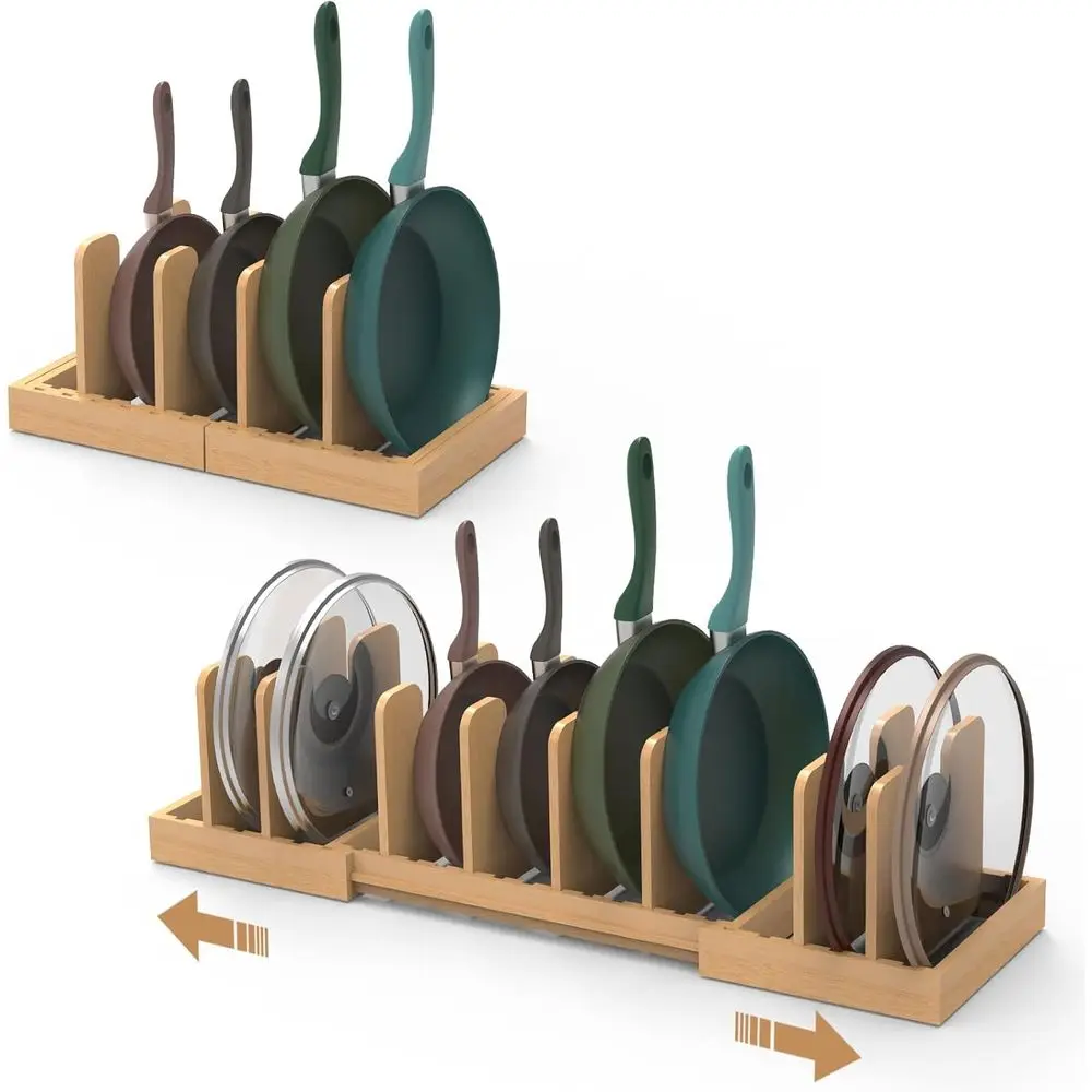

Expandable Pot Lid Organizer, Bamboo Pot and Pan Organizer for Under Cabinet, Adjustable Length 16 to 28, 8 pcs Dividers