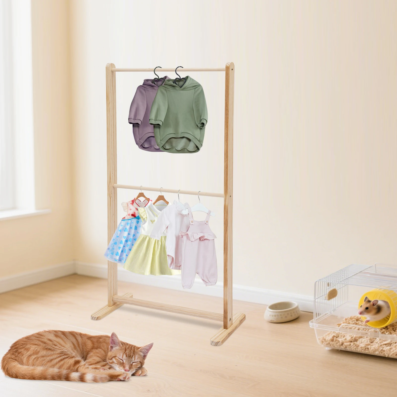 

2-уровневая подставка для одежды из цельного дерева для домашних животных, цвет бревна 56,5*24*110 см, вешалка для одежды для собак для щенков, котят, морских свинок