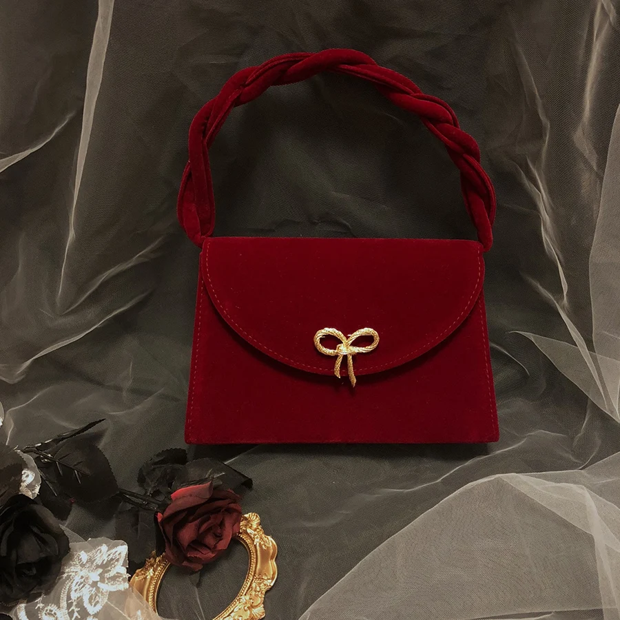 

Red wedding party dinner bag for women retro velvet small square bag new autumn winter pearl hand-held shoulder crossbody bag