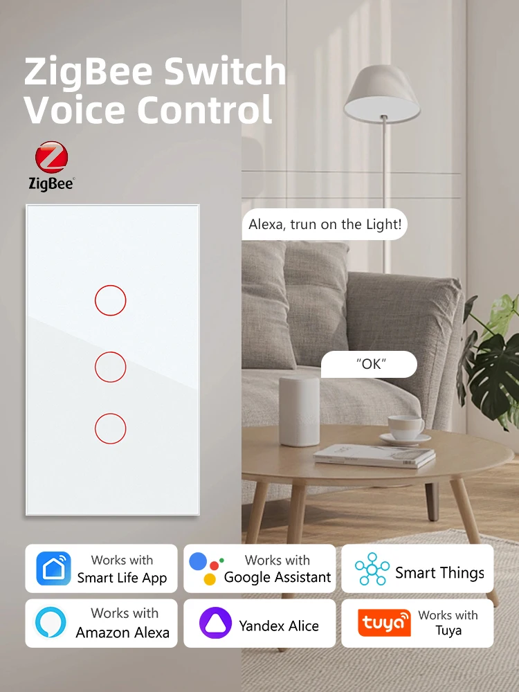 Tuya Switch Smart Life Zigbee Smart Switch Timer Schedule 1Way Alexa Google Home US Need Neutral Wire Voice Control 600W 220V