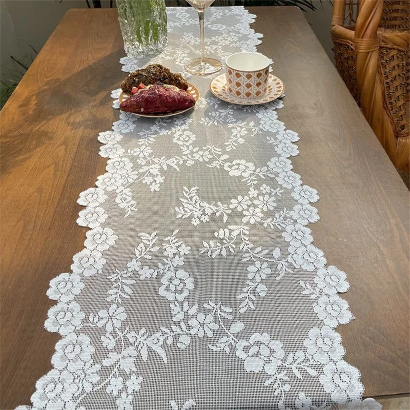 French Retro White Flowers Lace Tulle Table Runner Flower Strip Tablecloth TV Cabinet Decoration Shoe Cabinet Cover 001