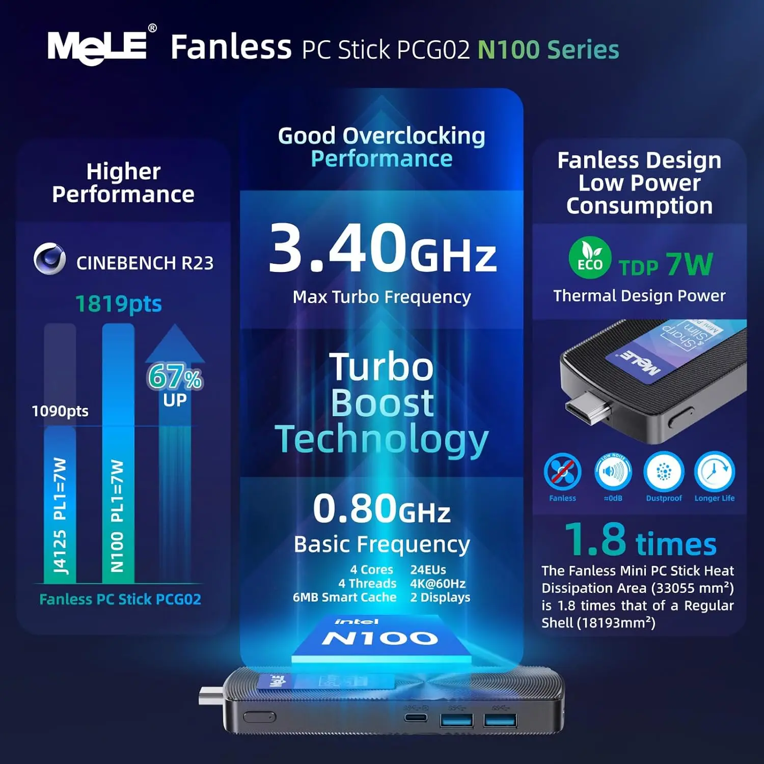 MeLE PCG02 Mini PC Stick sin ventilador N100 8GB LPDDR4 128GB Micro computadora de escritorio con USB-C de función completa, WiFi 2,4G/5,0G, HDMI 4K