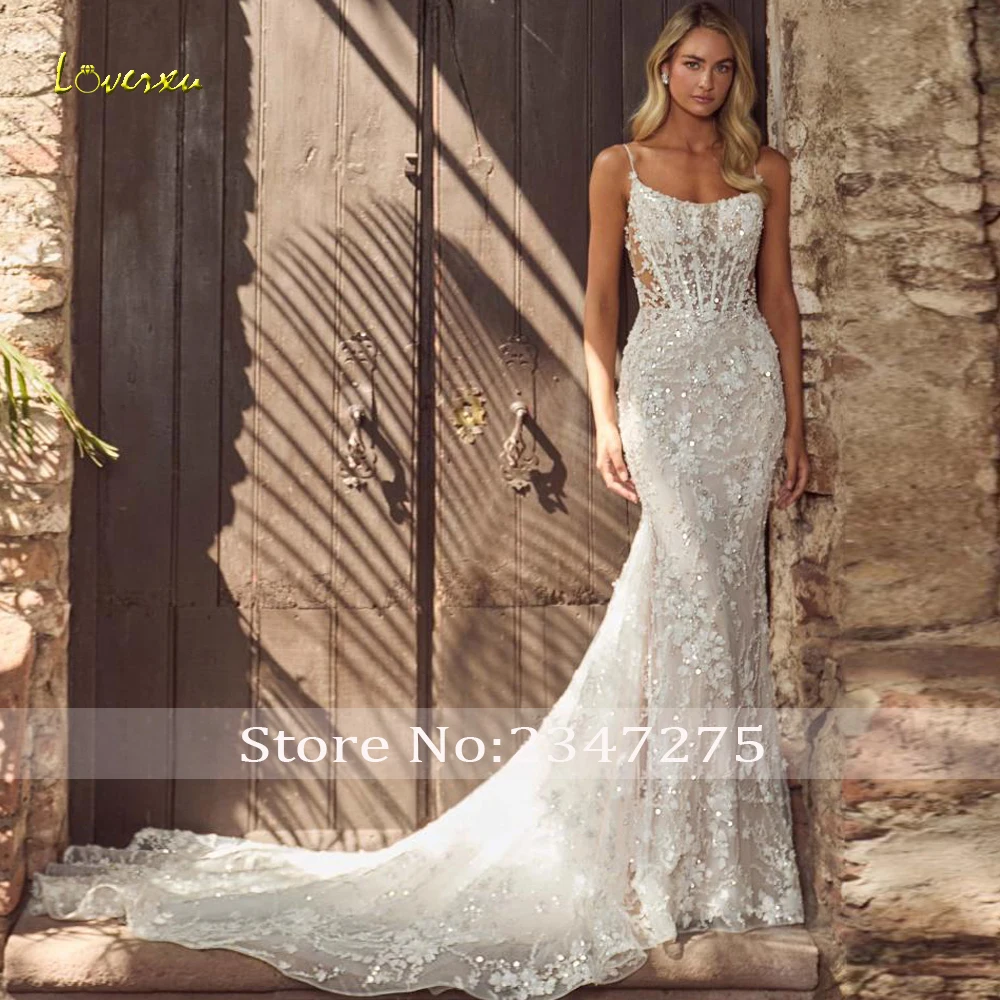 Loverxu sereia vestidos de casamento sexy colher cintas de espaguete vestido de novia bordado trem destacável feito sob encomenda vestido de noiva