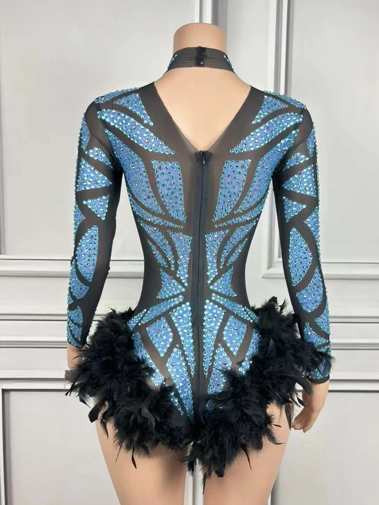 Sexy See Through Elastic Black Mesh Feathers Women Jumpsuit Party Club Wear Photo Shoot Show Outfit Stage Performance Costume