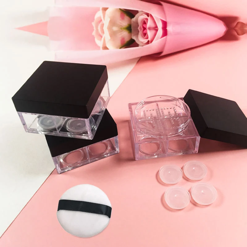 1/5 Pcs Mini Empty Powder Boxes With Puff 4 Grids Plastic Empty Powder Case Travel Outdoor Portable DIY Cosmetics Container