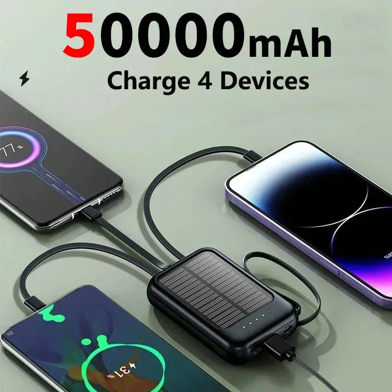 New Hot 50000mAh high-capacitySolar Power Bank 4in1 Lines Charging Portable Charging External battery  For iphone XIAOMI HUAWEI