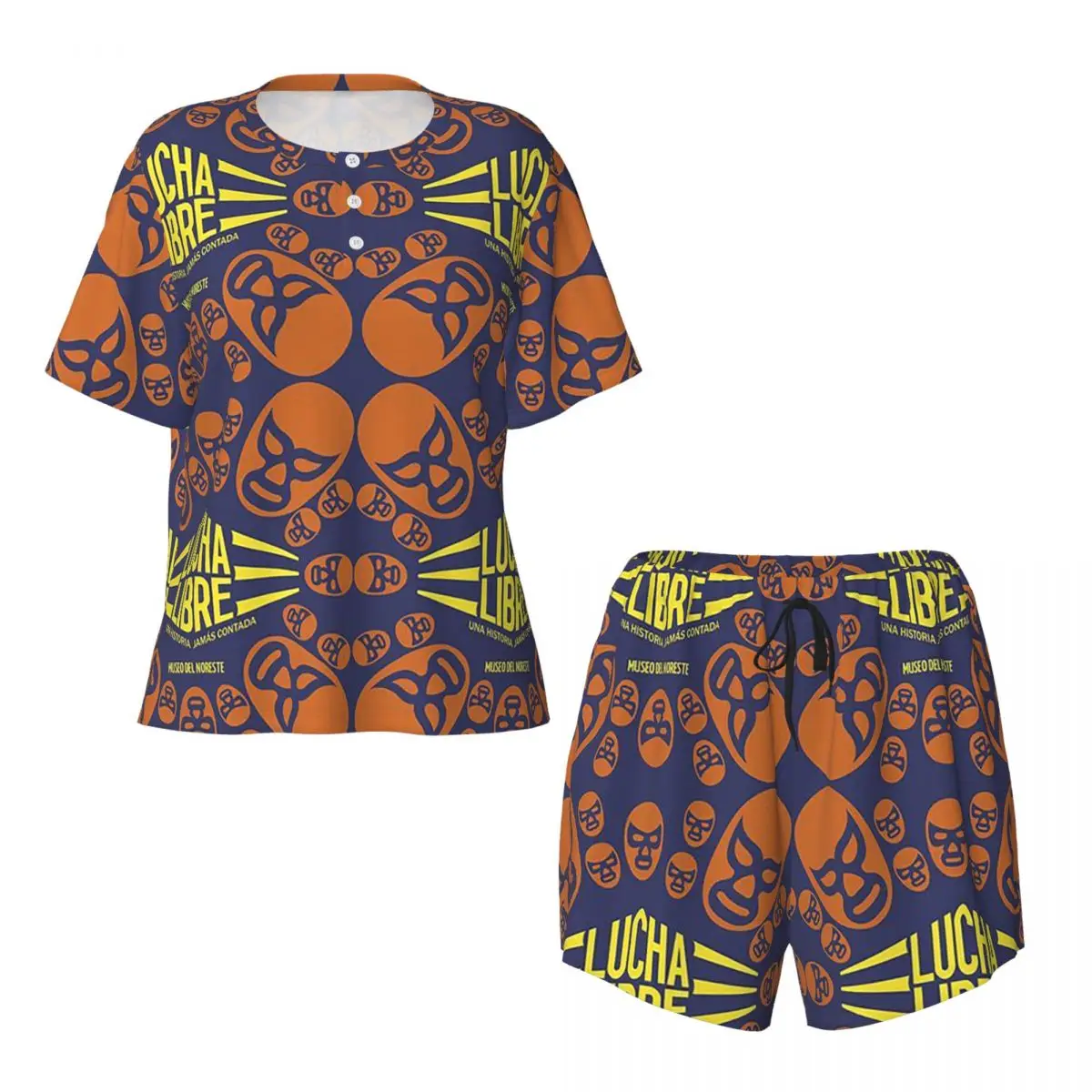 

Colorful Mexican Wrestler Luchador Round Neck Short Sleeves Nightdress for Sleeping Women Soft Pajama Set Short Pants