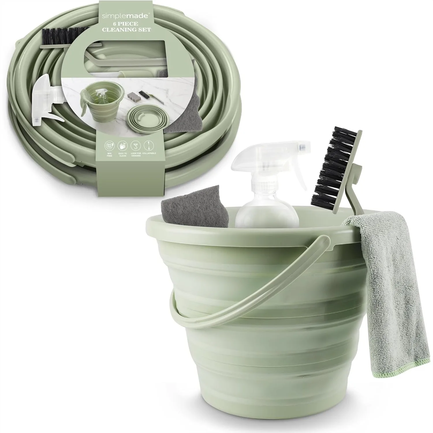 

Collapsible Bucket Cleaning Set with 2 Foldable Buckets, Spray Bottle, Rag, Brush, Sponge, 10L