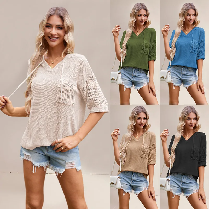 

2024 Summer New Casual Loose Hooded Women Knitwear Solid Color Hollow Female Top