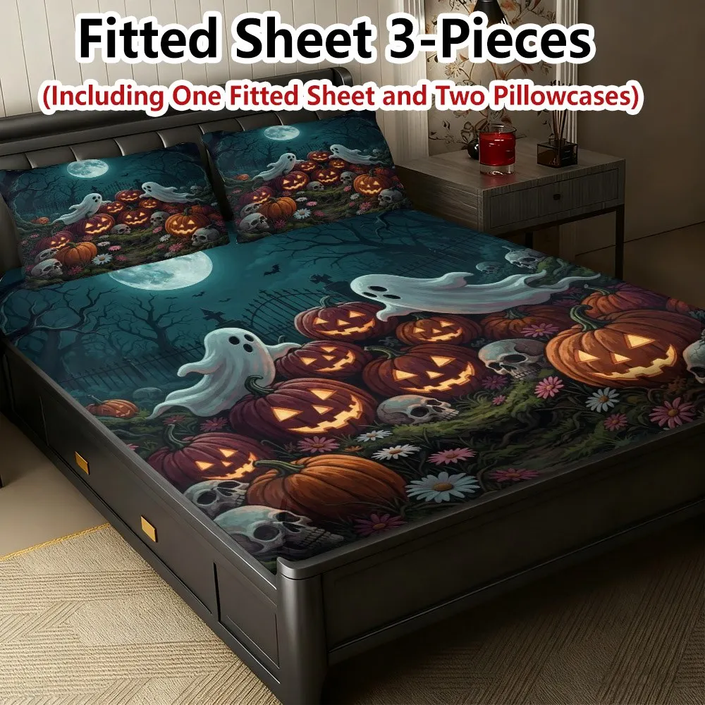Halloween Pumpkin Ghost Fitted Sheet Mattress Protector Breathable Polyester Material (Includes 1 Fitted Sheet + 2 Pillowcases) Mattress Protector Fitted Elastic Style Protective Cover Mattress Protector, Fitted Bedding Christmas Themed Bedding Baby Bedding Suitable for Nursery Room