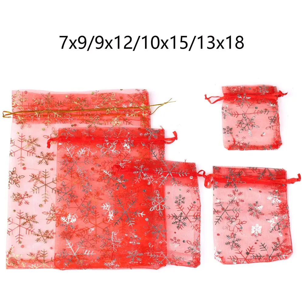 Hot Printing Organza Gift Bag For Jewelry Snowflake Drawstring Pouches For Wedding Christmas Party Candy Packing