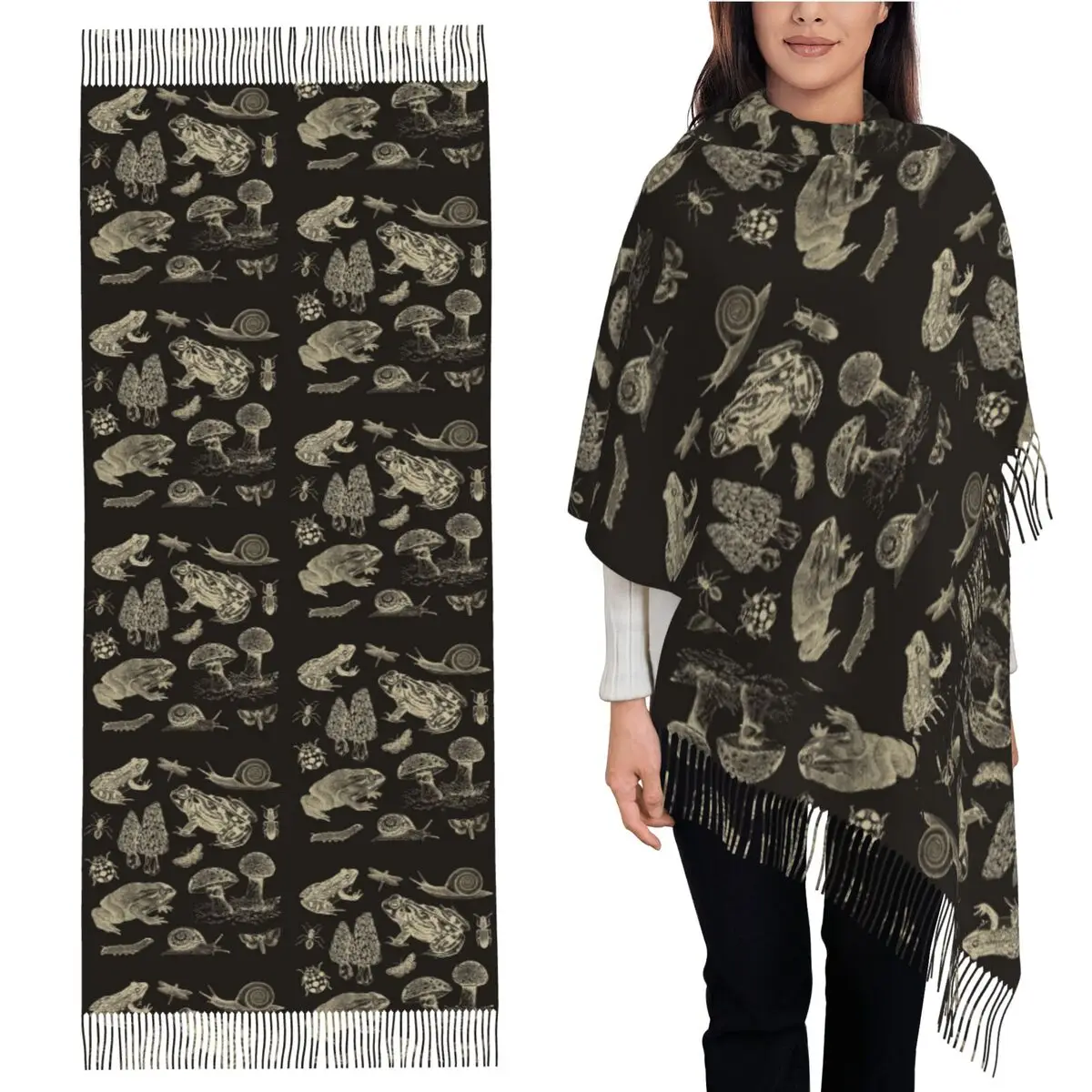 Frog, Mushroom, Snail, And Moth Insects Scarf Tassel Scarves for Women Soft Warm Shawls and Wraps Long Fall Winter Shawl Wrap