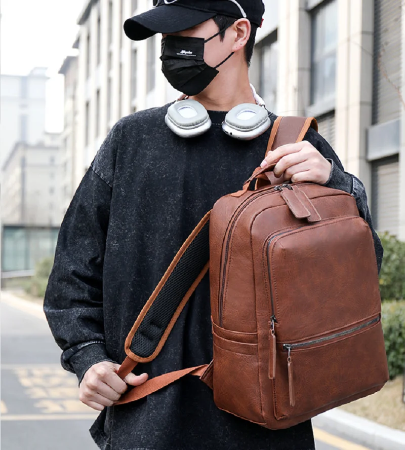 Korean New Men's Fashion Business High Quality Leather Backpacks Large Capacity Laptop School Bag Travel Shoulder Bags Totes