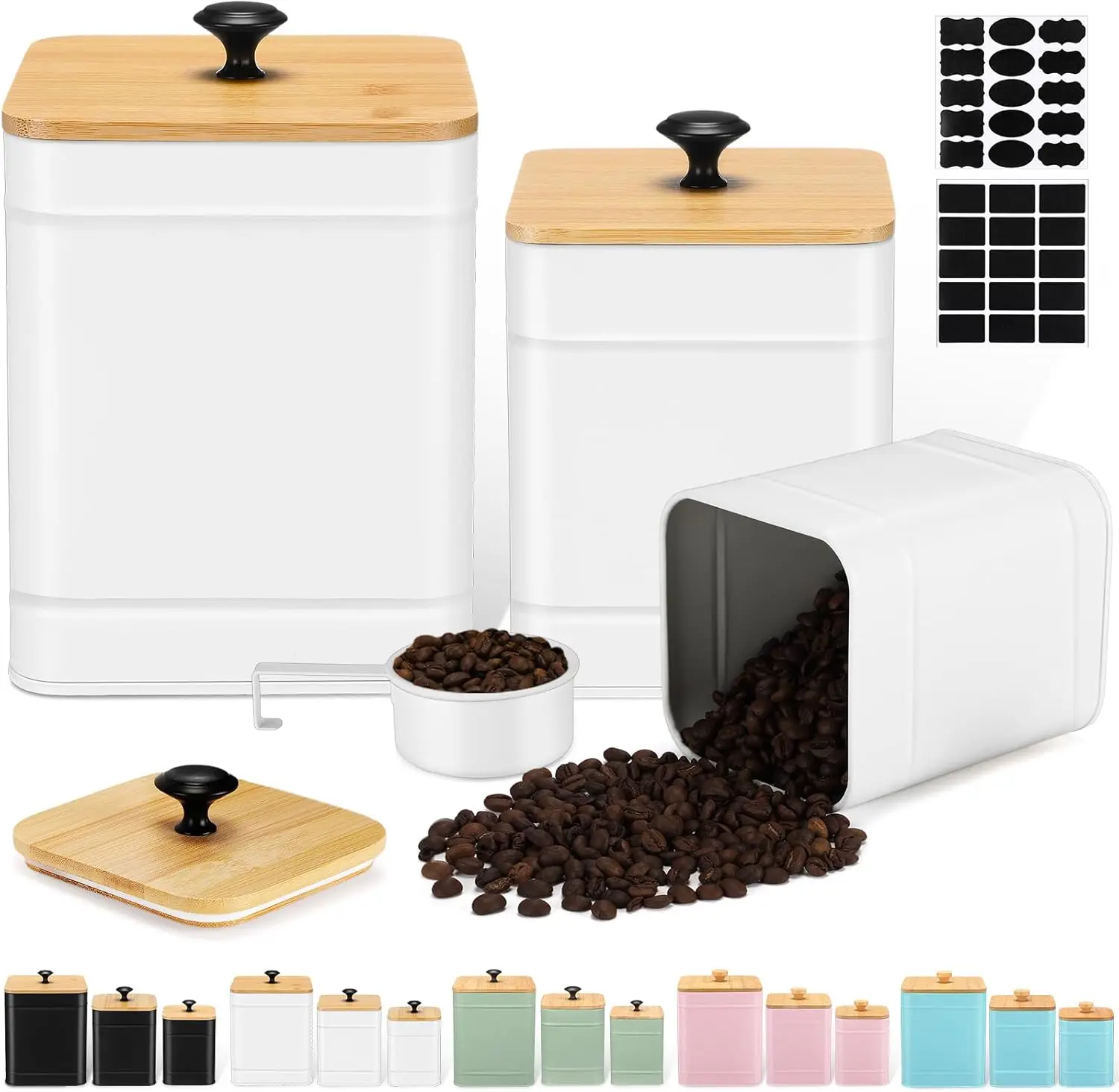 

Metal Kitchen Canisters Set of 3 with Bamboo Lids, Airtight Coffee Tea Sugar Flour Jars, High Capacity, Farmhouse Style, DIY Lab