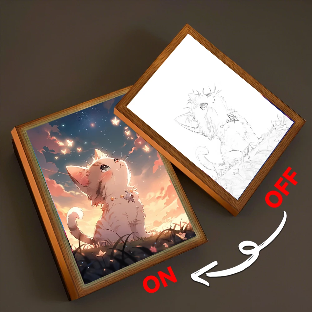 Cute Cat Starry Night Light Painting Picture Frame Led Lights Usb Plug Dimmable Table Lamp For  Kids' Bedroom Home Decor