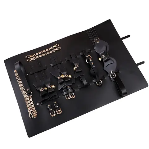 Novel bow bell sex BDSM bondage 8-piece set, leather hand and foot handcuffs silicone mouth ball tassel whip strap storage bag