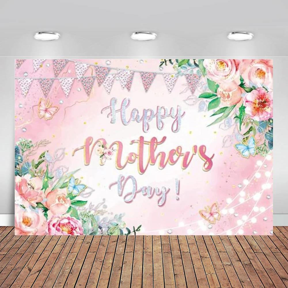 Happy Mother's Day Backdrop Pink Floral Butterfly Photography Background for Women Thanks Mama Party Decorations Love Mom