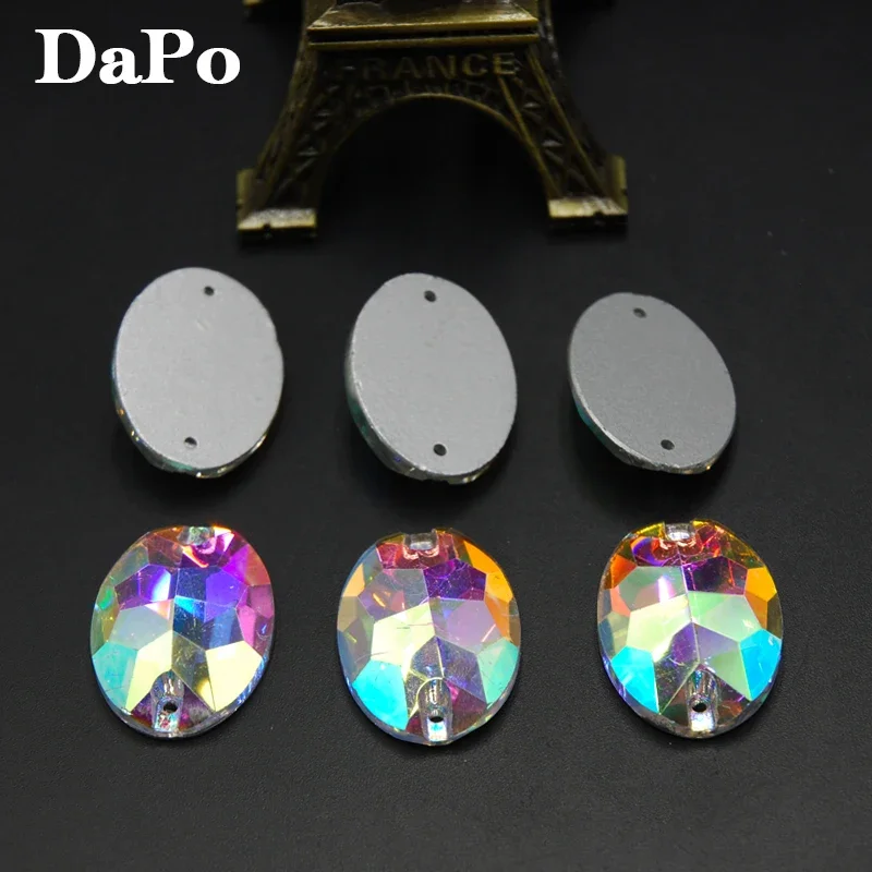Wholesale 36pcs 11x16mm Oval Sew On Glass Crystal Clear AB Rhinestones Flatback 2 Holes For clothing accessories