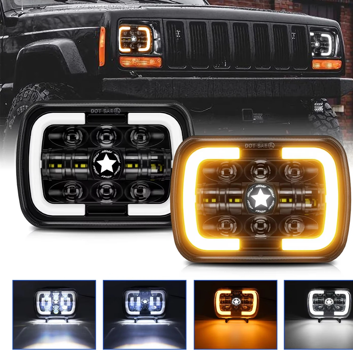 

7x6 5x7 Inch LED Headlight Wrangler Square Headlight 200W 30000LM Led Headlamp DRL Hi/Low Turn Signal Offroad 4x4 Car Light 32V