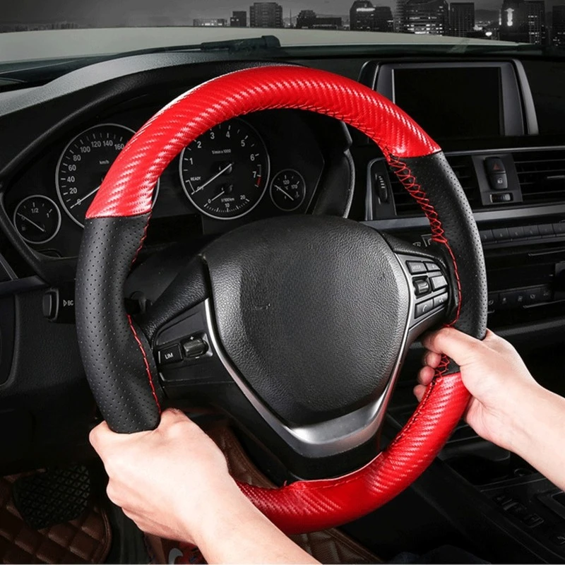 15 inch/38 cm Soft Fiber Leather Car Steering Wheel Cover Anti-slip Steering-Wheel Braid Stitch On Wrap With Needle Thread