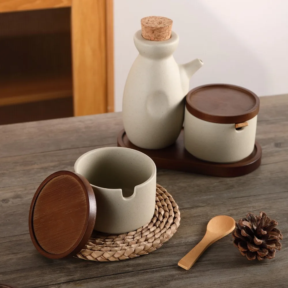 Kitchen Gadgets Japanese Style Ceramic Seasoning Jar with Lid Spoon Tray Cylindrical Spice Jar Vintage Spice Canister Kitchen