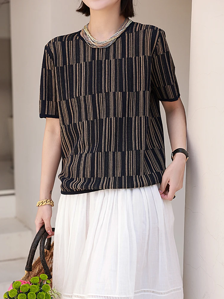 

Трикотажный топ Mallin Original Spring 2026 из смесового хлопка и ацетата, с круглым вырезом, асимметричной полосатой вышивкой, в художественном стиле