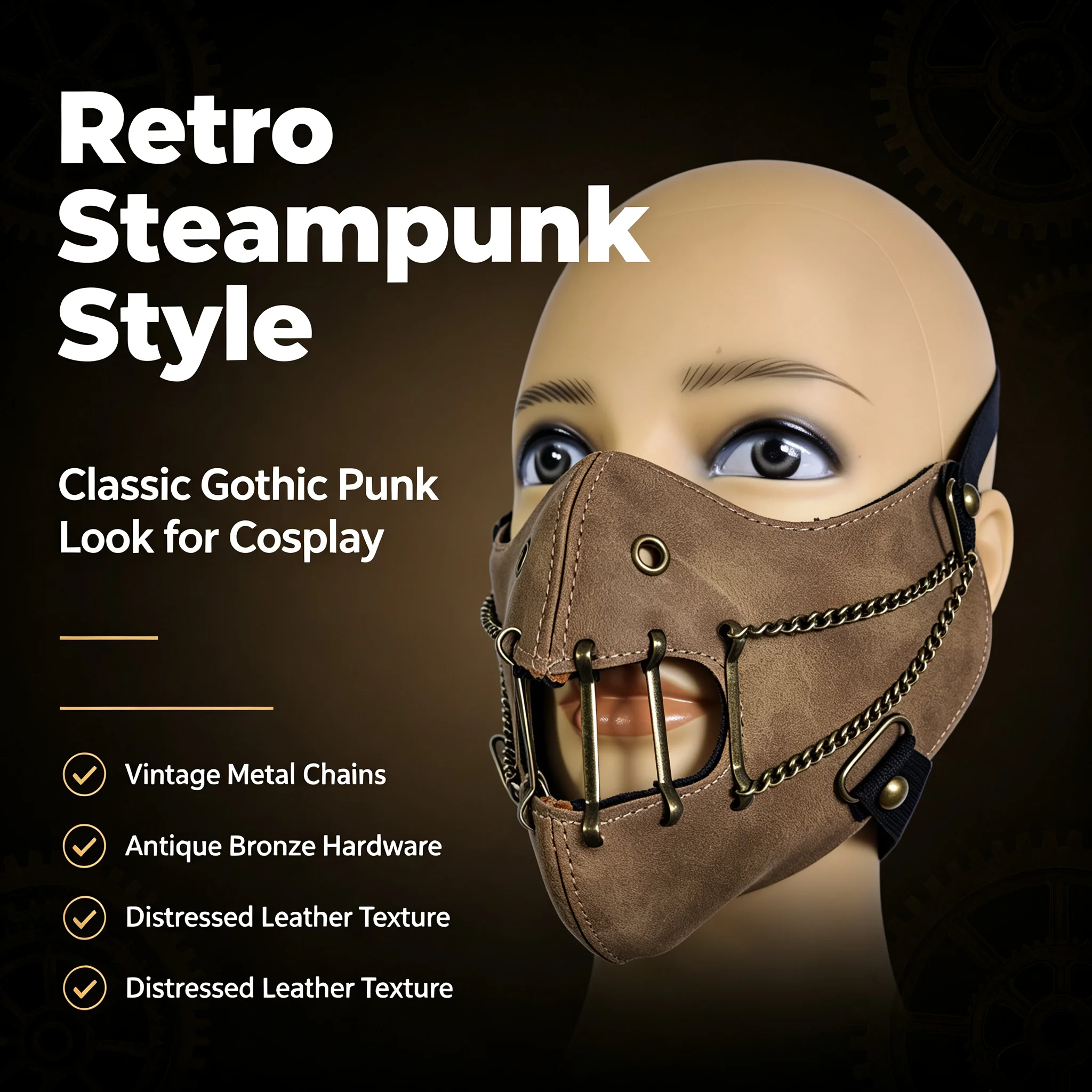 Steampunk Vintage Leather Half-Face Mask, Retro Bronze Chain Metal Buckle Mask, Halloween Cosplay Cyber Motorcycle Mask, Masquerade Party Stage Performance Costume Props and Accessories