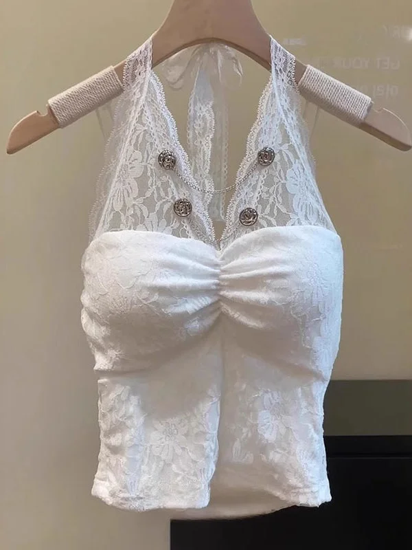 Charming Spicy Girl Pure Desire Lace Halter Top Women's Inner Wear Beautiful Back Bra Integrated Chest Pad Backless Top